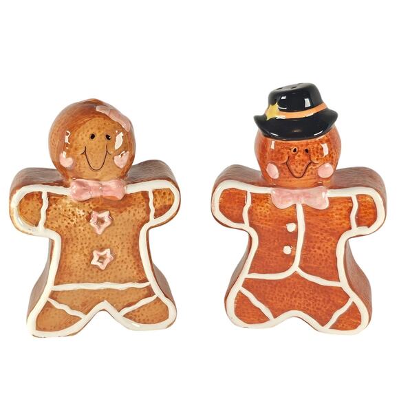 Gingerbread Salt Pepper Shakers, 2 Tea Light Holders Christmas Decor Set Ceramic - Picture 2 of 16